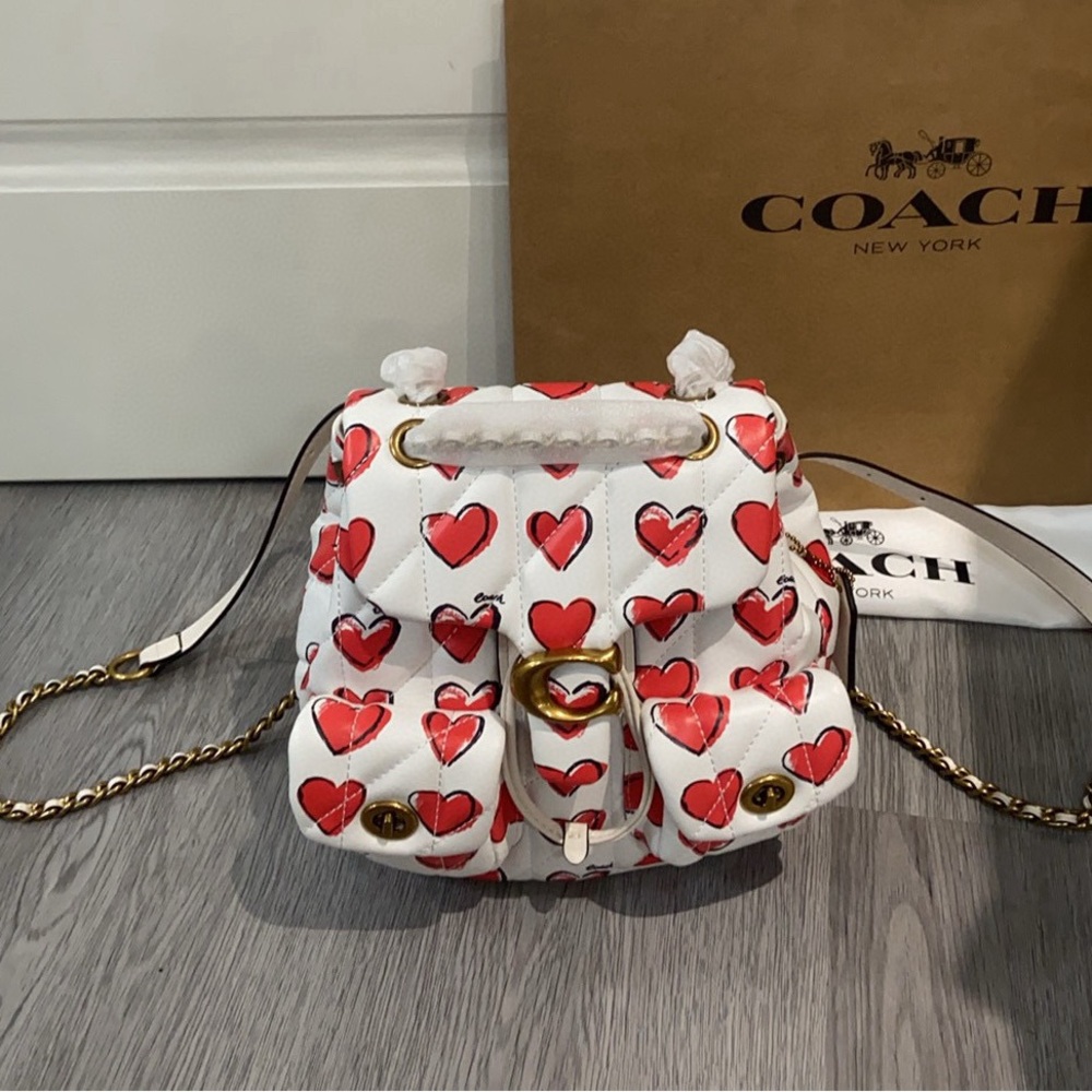 Coach White Leather Mini Bag with Red Heart Print